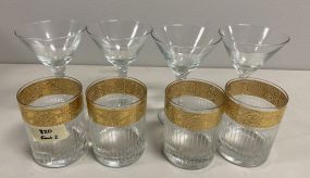 Four Clear Glass Martini and Four Gold Rimmed Hiball Glasses