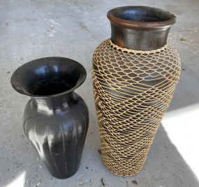 Metal Black Vase and Pottery Decorated Vase
