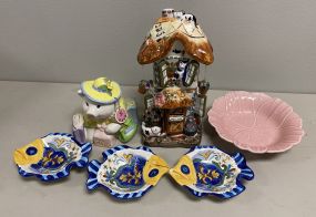 Porcelain Fish, Cat House, Pig, and Flower Bowl