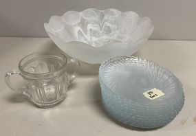 Frosted Glass Salad Bowl, Glass Plates, and Cup