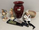 Red Vase, Resin Old Lady Figurines, Chef, Straw Basket, and Chinese Fans