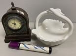 Swan Porcelain Basket, Battery Operated Clock and C. Bennet Scopes