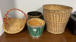 Three Planter Baskets and Woven Basket