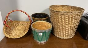 Three Planter Baskets and Woven Basket