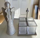 Pottery Angel and Glass Containers