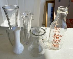 Glass Bottle, Vases, and Milk Glass Vase
