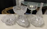 Group of Pressed Crystal Compotes, Candy Dish, Decanter, and Bowls