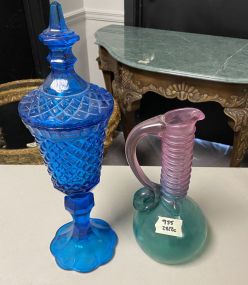 Blue Glass Compote and Hand Blown Pitcher