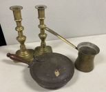 Brass Candle Sticks, Warmer, and Pitcher