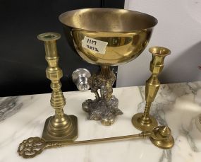 Brass Compote, Brass Candle Holder, and Snuffer