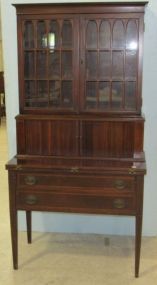 Mahogany Inlaid Two Piece Secretary with Tambour Doors and Lower Drawers
