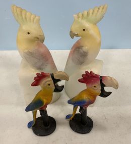 Alabaster Parrot and Pair of Metal Parrots
