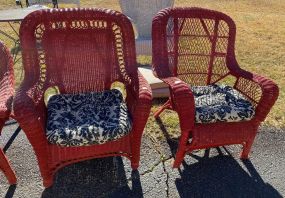 Two Red Painted Wicker Patio Chairs