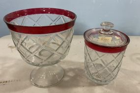 Red Rimmed Compote and Red Rimmed Candy Jar