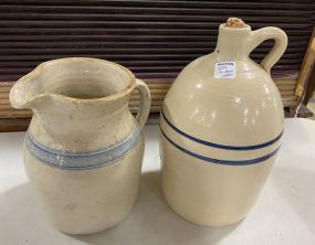 Two Blue Label Stoneware Jar and Pitcher