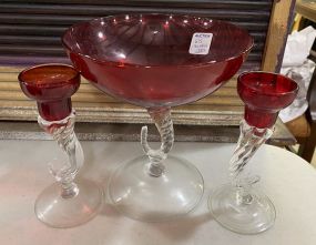 Red Art Glass Compote and Candle Holders