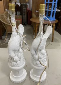 Pair of Painted White Plaster Bird Lamps
