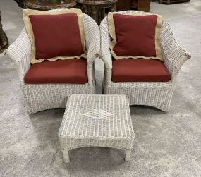 Pair of White Wicker Club Chairs and Ottoman