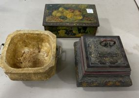 Ceramic Planter, 1 Decorative Jewelry Box With Lid, 1 Decorative Tin Storage Box With Attached Lid