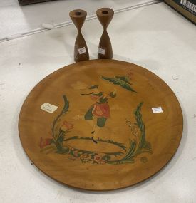 Vintage Round Wood Serving Tray with Two Wooden Candleholders