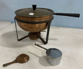 Vintage 4 Piece Copper Chafing Dish Double Boiler Pan With Lid And Brass Stand