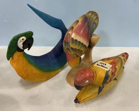 Two Wood Parrot Sculptures and Resin Parrott