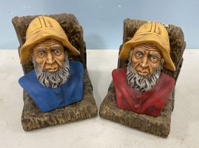 Signed Pottery Bookends and Pair of Pottery Men