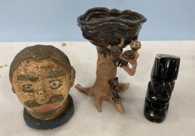 Signed Hand Crafted Pottery Face, Vase, and Marble Tiki Structure