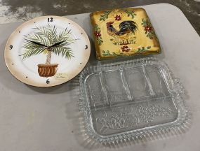 Ceramic Tropical Clock, Rooster Plate, and Glass Relish Dish