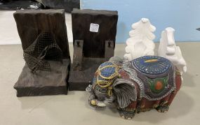 Bookends, Decorative Elephants, and Wall Shelfs