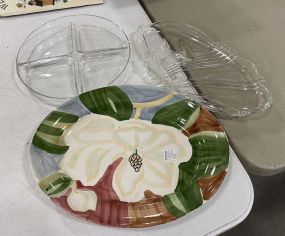 Ceramic Magnolia Platter, and Two Glass Relish Dishes