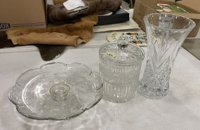 Pressed Glass Cake Stand, Crystal Candy Jar, and Crystal Vase