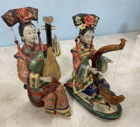 Chinese Lady Pipa Musician and Shiwan Chinese Ceramic Lady Figurine