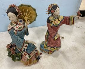 Chinese Porcelain Maiden Figurine and Sculpted Chinese Pottery Figurine