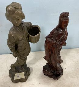 Japanese Metal Figurine Sculpture and Wood Carved Sculpture
