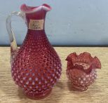 Fenton Glass Opalescent Hobnail Decanter and Fenton Hobnail Ruffled Vase