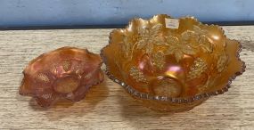 Imperial Marigold Carnival Glass Maple Leaf Grape Vine Fruit Bowl and Candy Dish