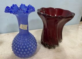 Fenton Style Blue Vase and Heavy Red Glass Vase