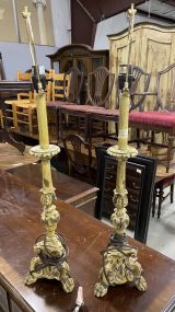 Pair of Vintage Carved Wood Candle Stick Lamps