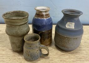 Four Signed Stoneware Pottery Vases and Mug