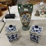 Japanese Decorative Flower Vase and Pair of Blue and White Dollhouse Jars With Lids