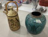 Indian Hand Painted Ceramic Water Pitcher With Wooden Handle Signed Marlriry and Green Glaze Hunan Ginger Jar