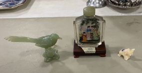 Vintage Japanese Snuff Bottle, Jade Carved Bird, and Mecho EN Mexico Marble Carved Elephant