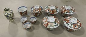 Japanese Hand Painted Porcelain China Set and Hand Painted Miniature Floral Japanese Vase