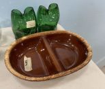 Oven Proof Stoneware Dish and Pair of Green Art Vases