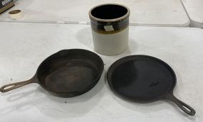 2 Cast Iron Cooking Pans and Crock