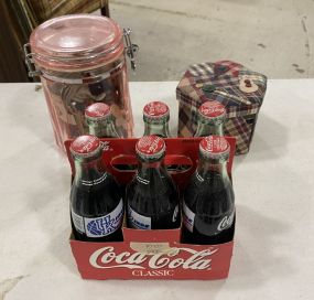Grouping of Buttons and Vintage 6-pack of Coca-Colas