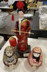 Chinese style Qing Dynasty's Gege Figurine and Pair of Kimono Japanese Round Wedding Dolls