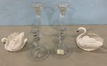 2 Goebel Swans and 2 Pair of Glass Candle Holders