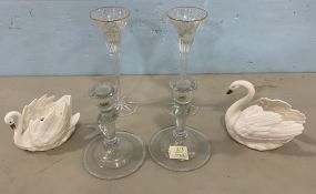 2 Goebel Swans and 2 Pair of Glass Candle Holders